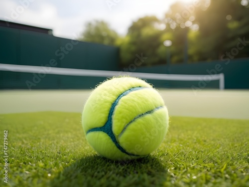 Soft focus of a tennis ball on grass court.