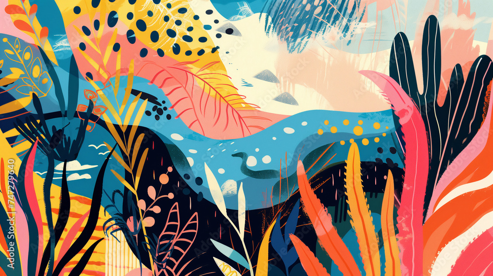 Abstract background inspired by the theme of summer, incorporating vibrant colors, dynamic shapes, and playful elements  