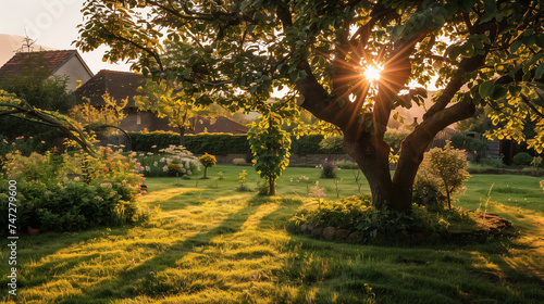 Old apple tree in a rustic garden at sunset, golden light casting long shadows, peaceful and timeless rural scene 
