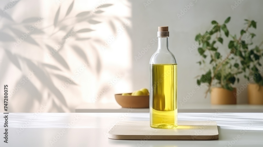 Sunlit Kitchen Counter Displaying Olive Oil, Green Olives, and Fresh Rosemary