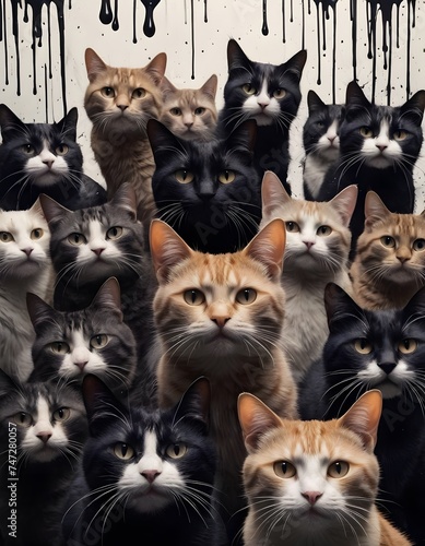 A solemn group of cats appears contemplative, juxtaposed against a stark white background adorned with black paint drips. The image captures a serene yet captivating feline congregation.