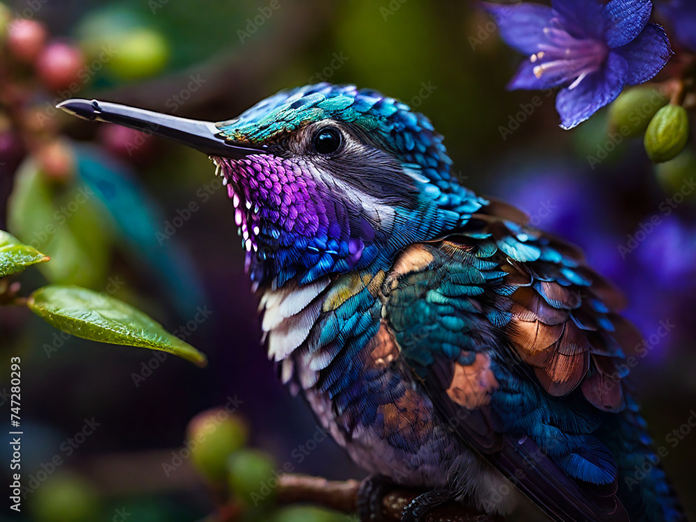 Fototapeta premium hummingbird with a blueberry. generative ai