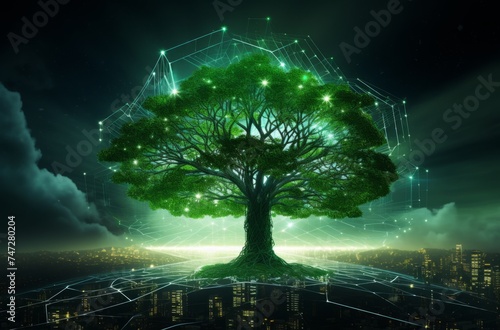 A living tree with glowing points of network connectivity, representing the development of environmental technology. Technological progress in the business future.