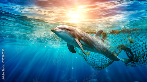 Sunlit dolphin escape from net underwater photo
