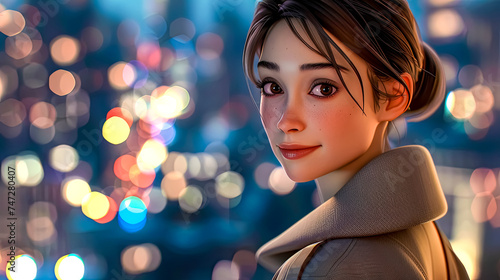 Young Woman with Bokeh Lights Background