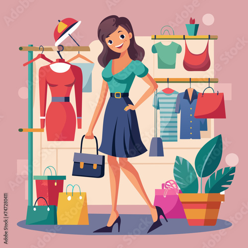 Beautiful Girl Shopping Fashion Cloths full body view illustration