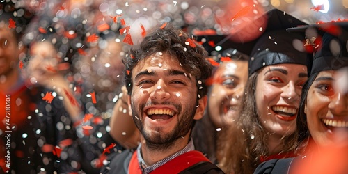 Exciting photo capturing students celebrating graduation with smiles selfies and cap toss. Concept Graduation Ceremony, Happy Students, Cap Toss, Smiling Selfies, Event Photography