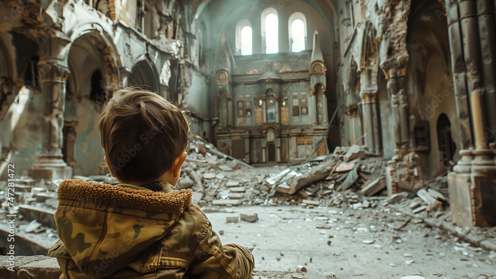 Innocence Amid Ruins: A Child Observing a Bombed-Out Church