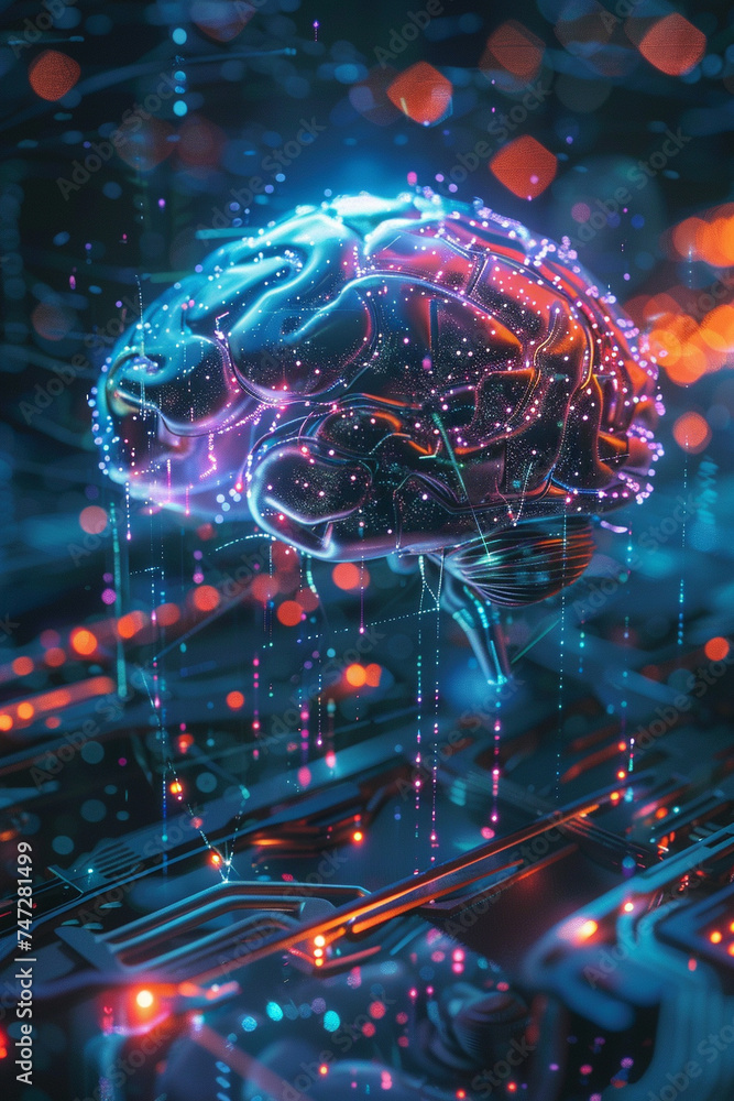 Artificial intelligence brain with digital neurons, symbolizing machine learning and smart technology evolution - obrazy, fototapety, plakaty 