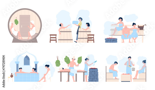 People in sauna. Spa procedures for men and women. Person relaxation in wooden barrels and tubes. Cartoon wellness therapy recent vector scenes