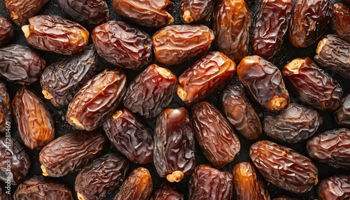 Full frame background top view of pile of appetizing dried date medjoul fruits arranged 