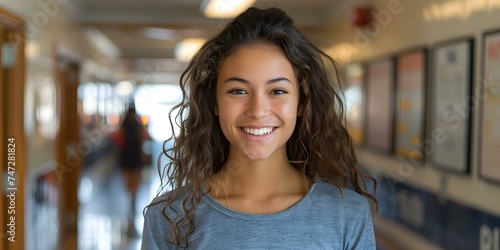Happy mixedrace teenager smiling in school hallway with room for text centered professional photo copy space. Concept School Photoshoot, Mixed-Race Teenager, Smiling Portraits, School Hallway photo