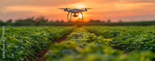 A high-tech agricultural drone equipped with a camera stands amidst young corn plants, showcasing modern farming techniques.