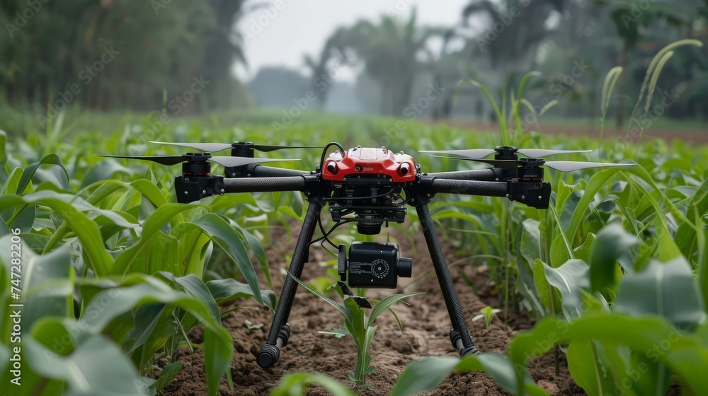 A high-tech agricultural drone equipped with a camera stands amidst young corn plants, showcasing modern farming techniques. A high-tech agricultural drone equipped with a camera stands amidst young corn plants, showcasing modern farming techniques.