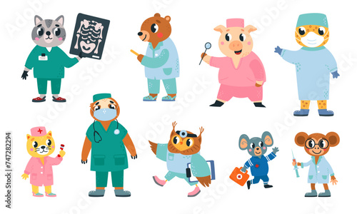 Funny animals doctors. Cartoon animal in doctor and nurse uniform. Hospital or ambulance professionals with medications and tools, classy vector set