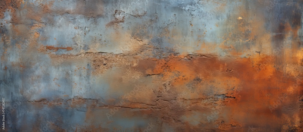 A weathered metal surface is covered in rust with a color scheme of brown and blue. The rust patterns create a unique texture on the metal, showcasing a blend of earthy brown tones and pops of cool