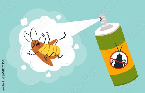 Cockroach spray baiting. Domestic insect died, housekeeping and home hygiene. Insecticide in bottle, killing dirty bugs classy vector scene