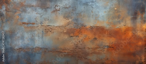 A weathered metal surface is covered in rust with a color scheme of brown and blue. The rust patterns create a unique texture on the metal  showcasing a blend of earthy brown tones and pops of cool