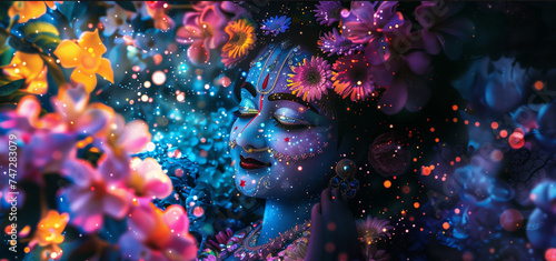 Portrait of Krishna Surrounded by Flowers: Neon Colors, Rendered in Glowing 3D Objects Style, Infused with Otherworldly Illustrations and Emotional Color Fields.