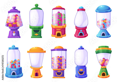 Bubblegum vending machine. Empty and full of colorful candies retro machines for supermarket or kids zone in mall. Sweet sale, nowaday vector elements