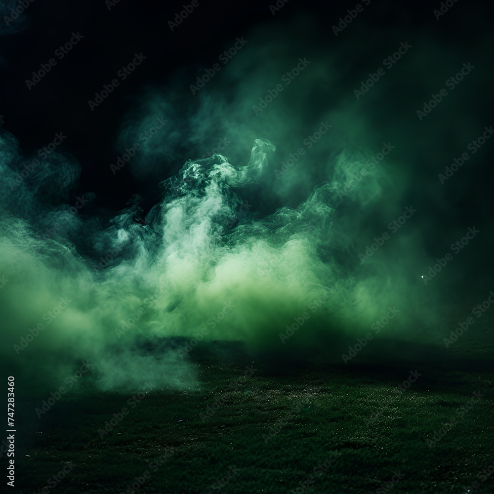 green Smoke And Fog On Asphalt In Black Defocused Background Colored powder isolated on black green Smoke And Fog On Asphalt In Black Defocused Smoke clouds atmosphere fog floor texture with spotlight