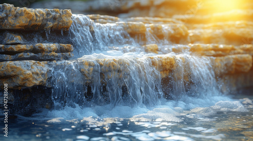 Texture of foamy water as it rushes over the jagged edges of the waterfalls cliff face.