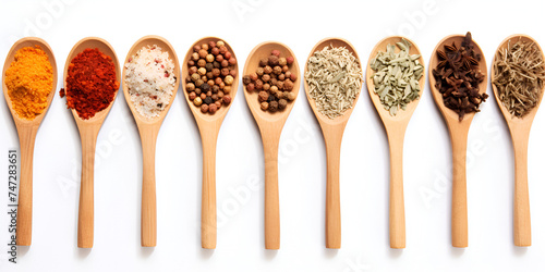  Set of various spices in spoons, Indian spices in spoons on white background. Various Indian spices kept in spoon. Top view of matcha, turmeric, ginger, cocoa, spirulina, chia, cinnamon, and black 