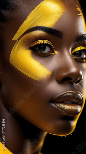 African American woman wearing yellow makeup on her face.
