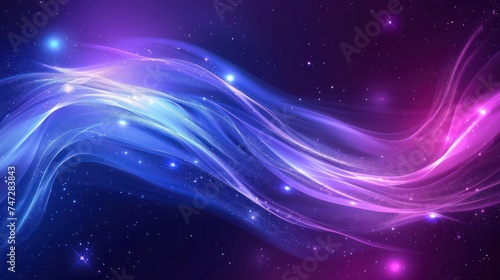 Bright purple and blue glowing neon waves abstract background. Generative AI