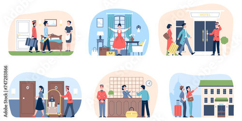 Travelers in hotel. Welcoming staff, room service and porter with luggage. Receptionist and cleaning. Tourism or business travel, recent vector scenes