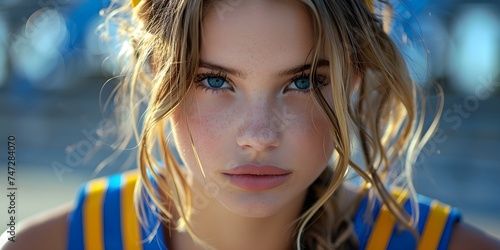 Portrait of a high school senior cheerleader in a closeup shot. Concept Close-up Portrait, Senior Photoshoot, Cheerleader Poses, High School Memories, Athlete Lifestyle