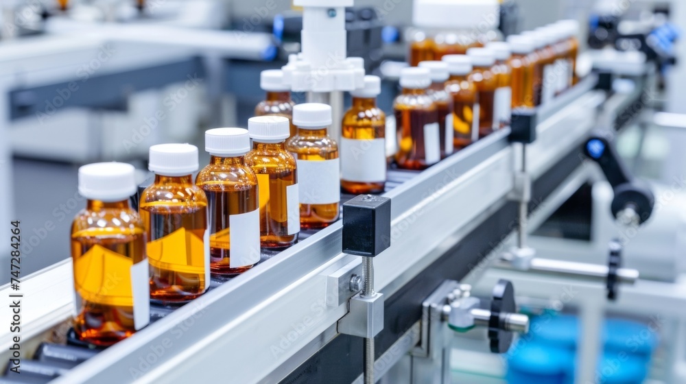 A conveyor belt carrying vials of liquid precursor through a series of labeling and packaging machines their labels displaying the name and batch number. A conveyor belt carrying vials of liquid precursor through a series of labeling and packaging machines their labels displaying the name and batch number.