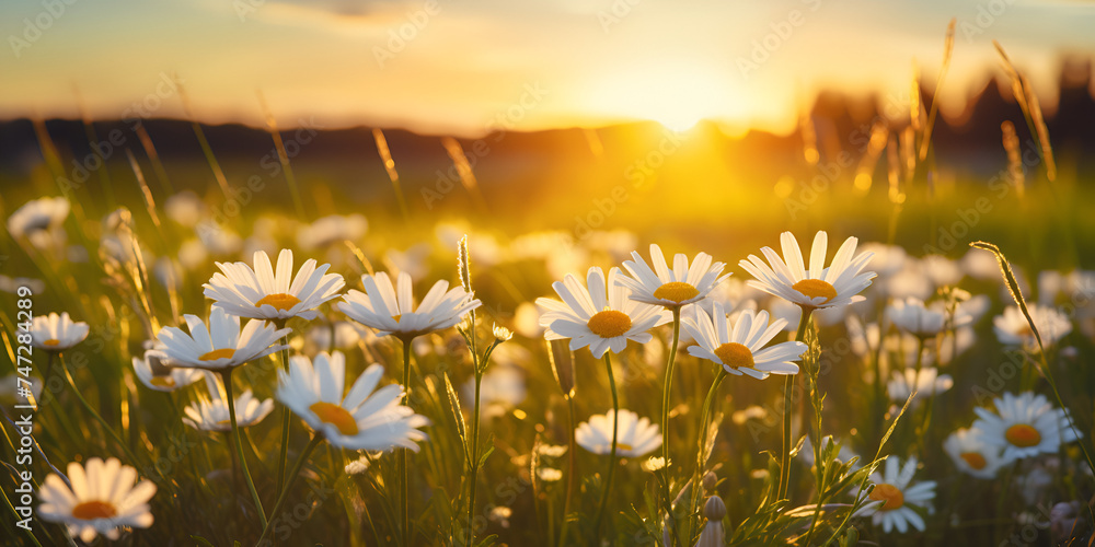 Beautiful summer autumn background with small daisy flowers with white petal and sunny lights. Artistic golden toned image of fairy meadow, macro amazing landscape Daisy flowers in the meadow 