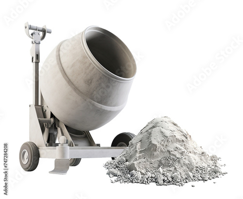 3d rendering of a concrete mixer with a pile of concrete mix mortar. Isolated on a transparent background. Construction and Repair. Building and Reconstruction