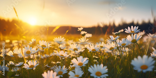 Beautiful summer autumn background with small daisy flowers with white petal and sunny lights. Artistic golden toned image of fairy meadow, macro amazing landscape Daisy flowers in the meadow