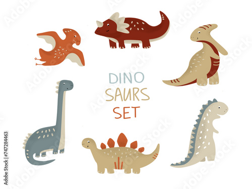 Cute dino naive set. Abstract dinosaurs collection in boho shades for kids. Stylized vector dino bundle. Vector illustration