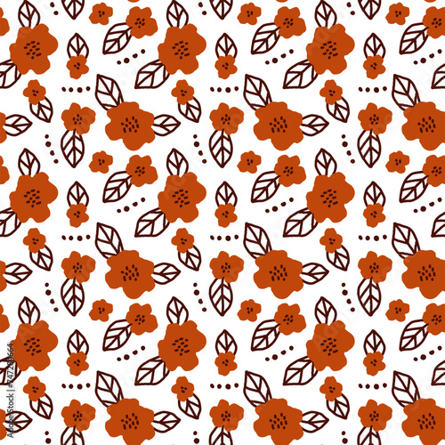 Seamless flower pattern in children's style. Abstract flowers and leaves in orange color. Repeated background with cute bright cartoon doodle-style flowers for wallpaper, wrapping, packing.