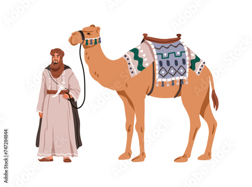 Arab man and camel. Moroccan bedouin holding, owning desert animal transport with saddle, bridle. Arabian nomad. African Morocco person in turban. Flat vector illustration isolated on white background