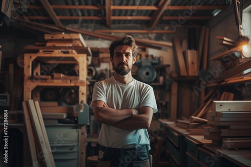 Portrait of carpenter working in woodworking shop. Handsome craftsman in white t-shirt standing with crossed arms, looking at camera.