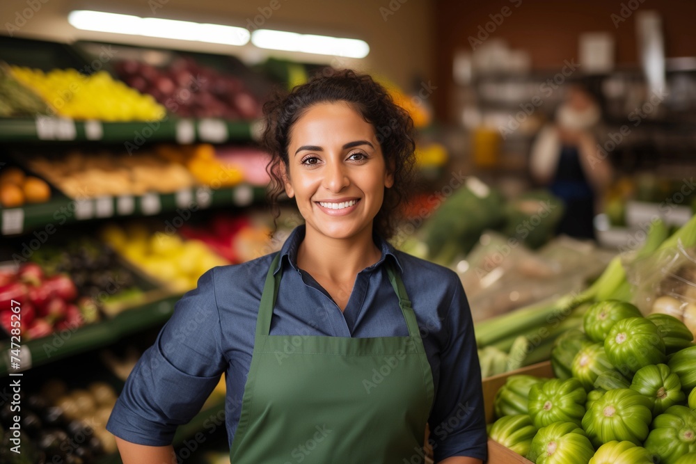 Portrait of  young sales assistant standing in a grocery store, supermarket, in front of shelves with fruits and vegetables. Female store clerk in apron smiling, looking at camera.