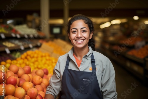 Portrait of young sales assistant standing in a grocery store, supermarket, in front of shelves with fruits and vegetables. Female store clerk in apron smiling, looking at camera.