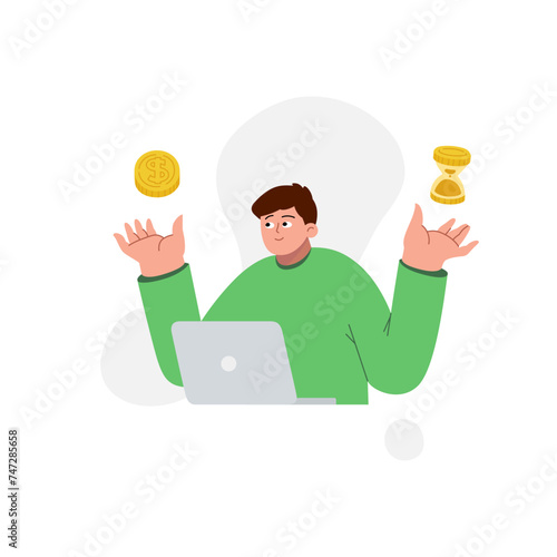Financial vector artwork to passive income. Vector business illustration, a man in a blue sweater with a laptop. Illustration of a flat-style man investing the money. 