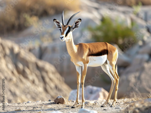 A lone gazelle standing watchfully in a rocky terrain. © Jan