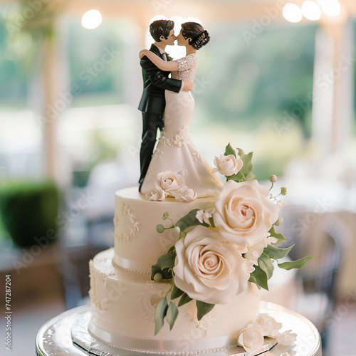 bride and groom cake topper on the top of the wedding cake