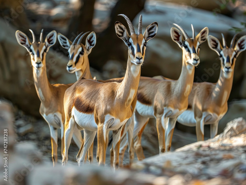 A herd of gazelles standing attentively in the shade.