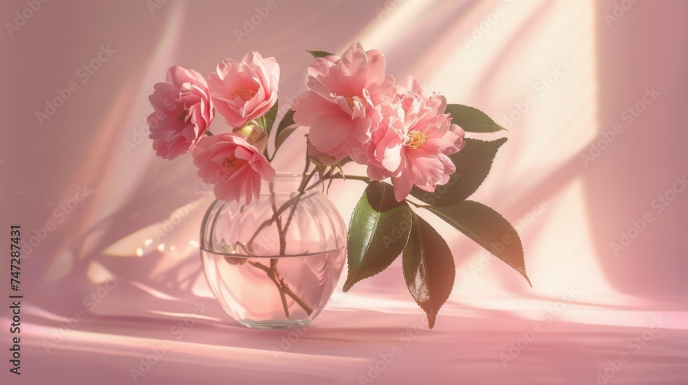 Pink flowers in a glass vase with sunlight casting soft shadows, portray a serene and warm ambiance, describe, ideal for home decor and nature-inspired design themes. Pink flowers in a glass vase with sunlight casting soft shadows, portray a serene and warm ambiance, describe, ideal for home decor and nature-inspired design themes.