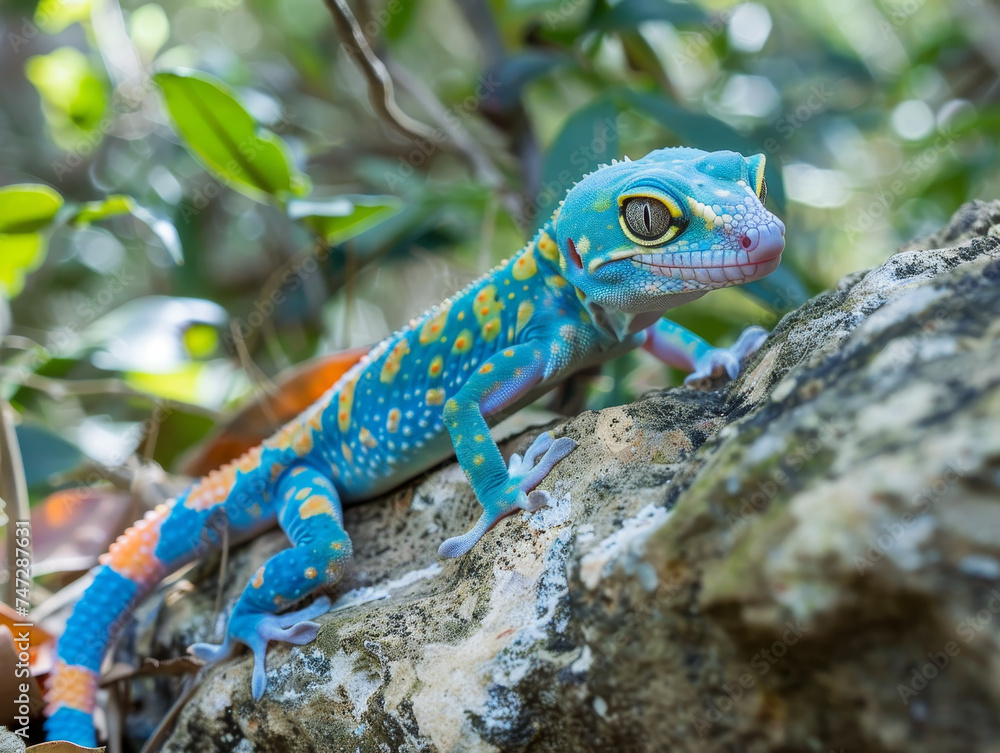 Fototapeta premium Blue and orange gecko on a rock.