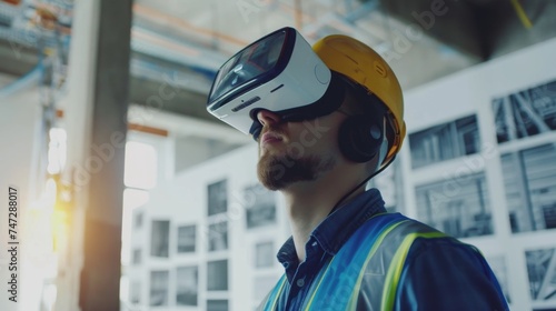 Construction worker with VR headset visualizing architectural plans, blending modern tech with industrial work for enhanced planning