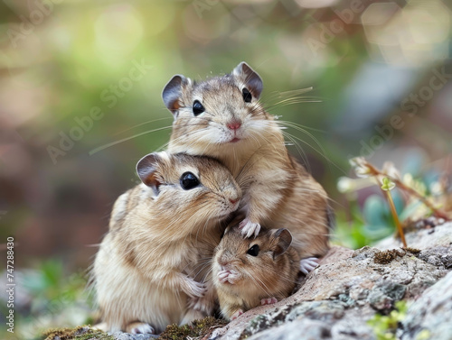 A family of gerbils bonding on a forest floor.