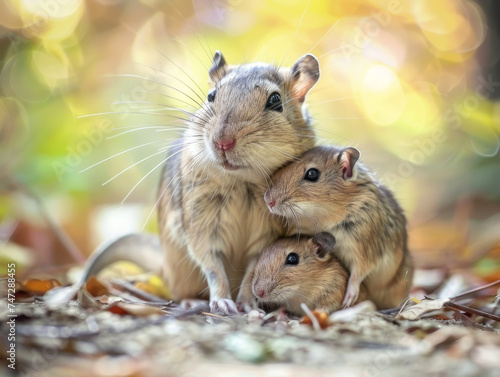 A family of gerbils bonding among autumn leaves.